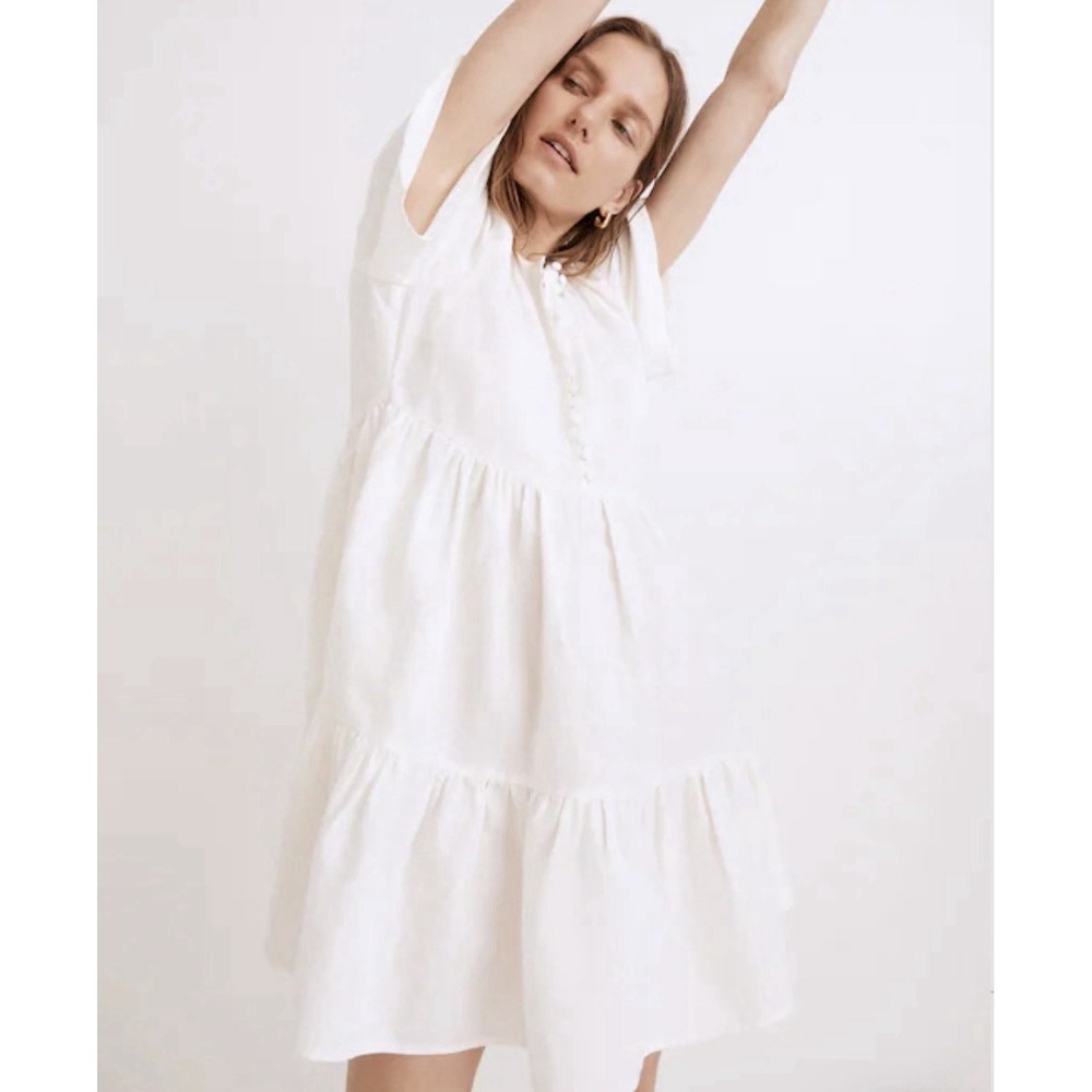 Madewell Linen Blend Tiered Mini‎ Dress Women's Small White Cottagecore Pockets